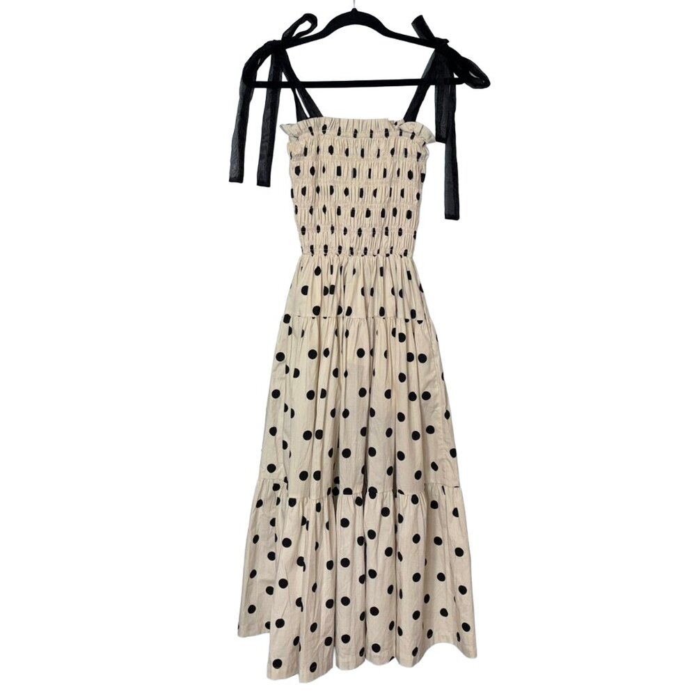En Saison 100% Cotton Ivory & Black Polka Dot Tiered Midi Dress - Size XS - Picture 3 of 5